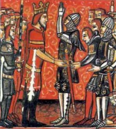 Roldán jurando fidelidad a Carlomagno 402x450 - Durandal : l'épée indestructible de Roland et sa légende