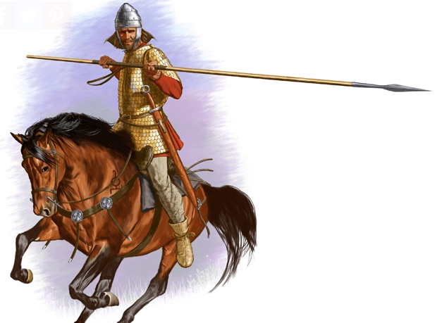 Guerrero Sarmata con su lanza y su espada - Espada Funcional Sármata con pomo de anilla