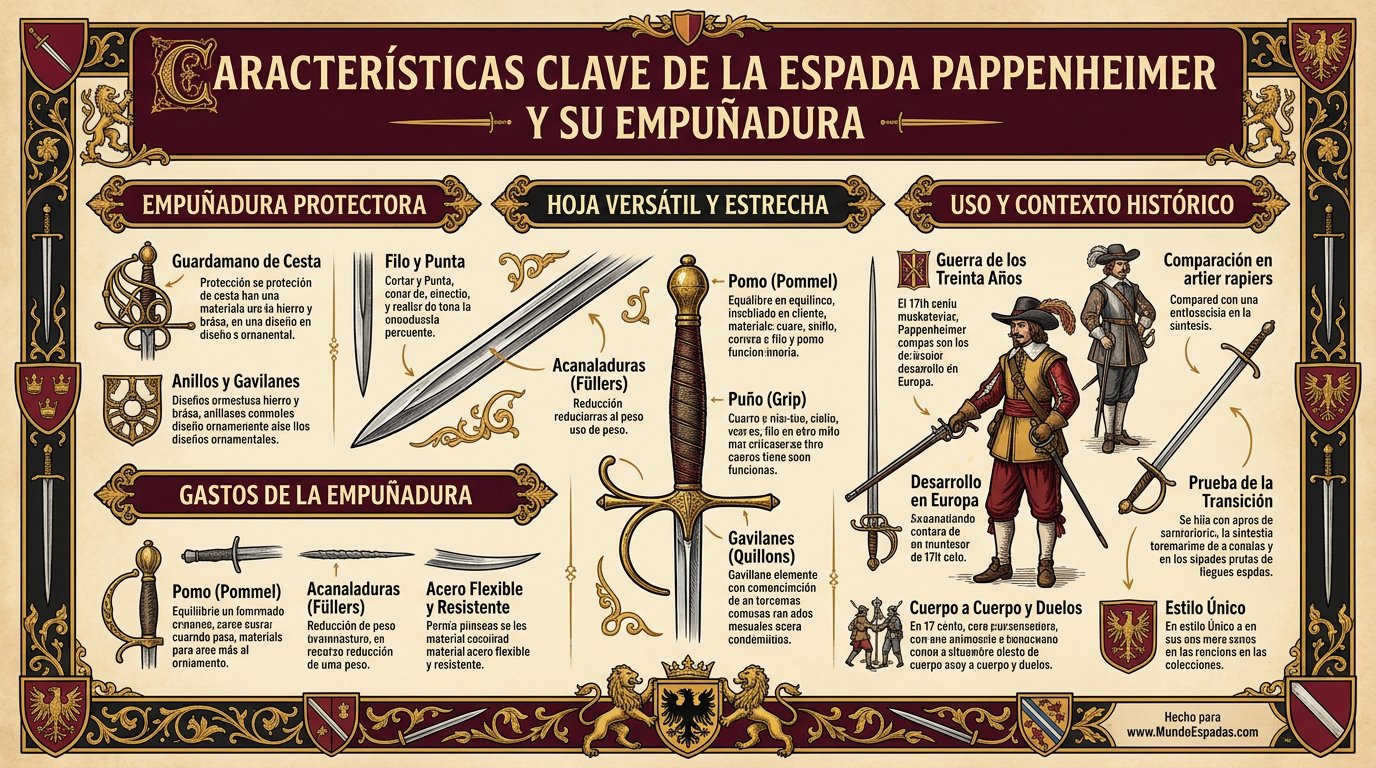 Ilustración: Características clave de la espada Pappenheimer y su empuñadura